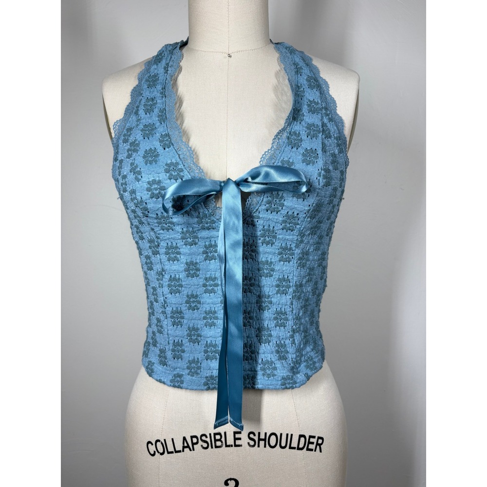 Urban Outfitters Ecote Halter Top Small Blue Lace Smocked Ribbon Coquette Y2K